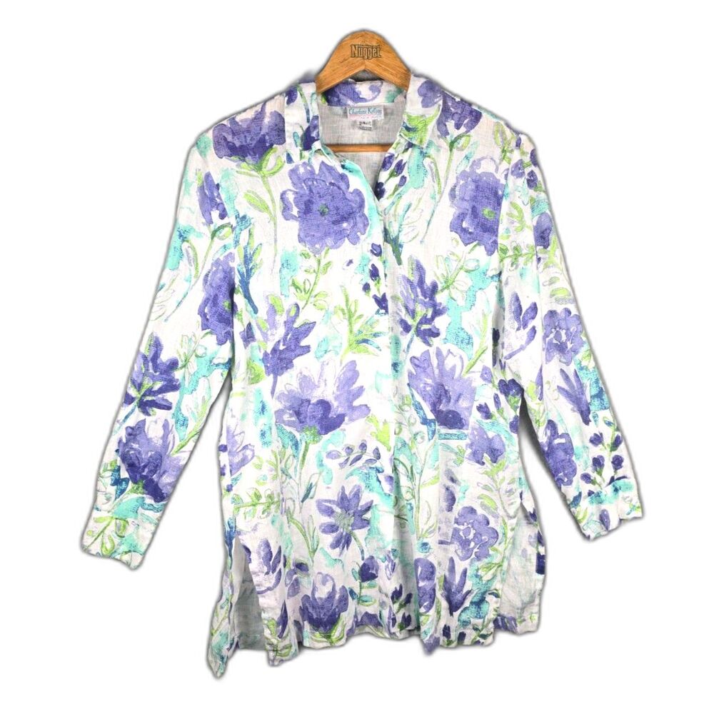 Charlotte Kellogg Palm Beach Linen Floral Tunic Large Cottagecore Resort Blouse